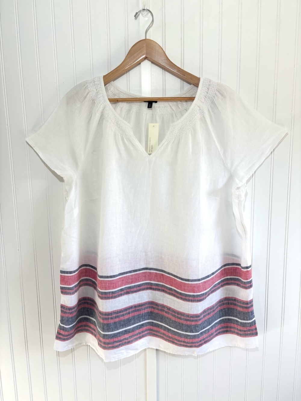 Talbots Linen Border Stripe Top Red White & Blue Smocked Neck Short Sleeve 2X